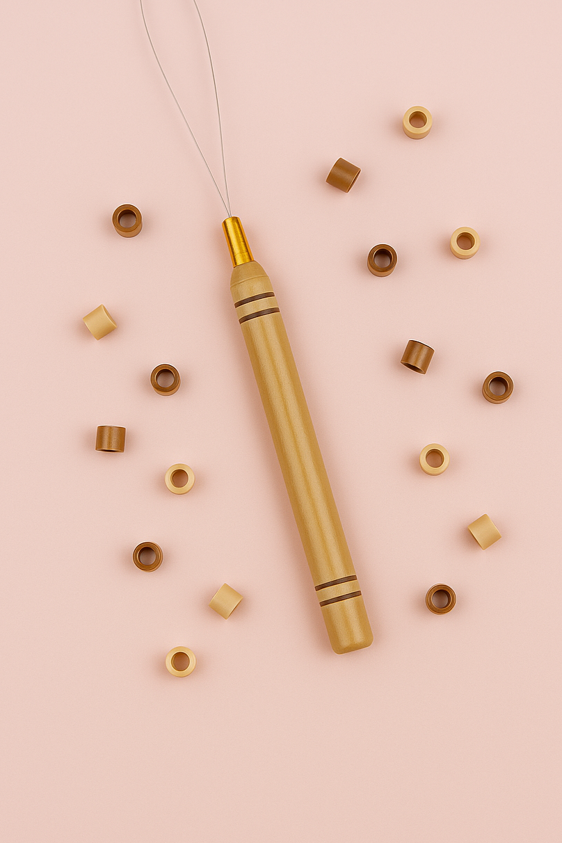 מסרגה עם ידית עץ - מיועדת לחיבור עצמאי של תוספות שיער ומסביבה חרוזי מעיכה לחיבור השיער הטבעי - בגווני בלונדיני וחום בהיר